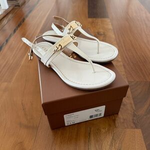 Coach Caterine Patent Cream Leather Slingback Thong Sandals with Gold Accent